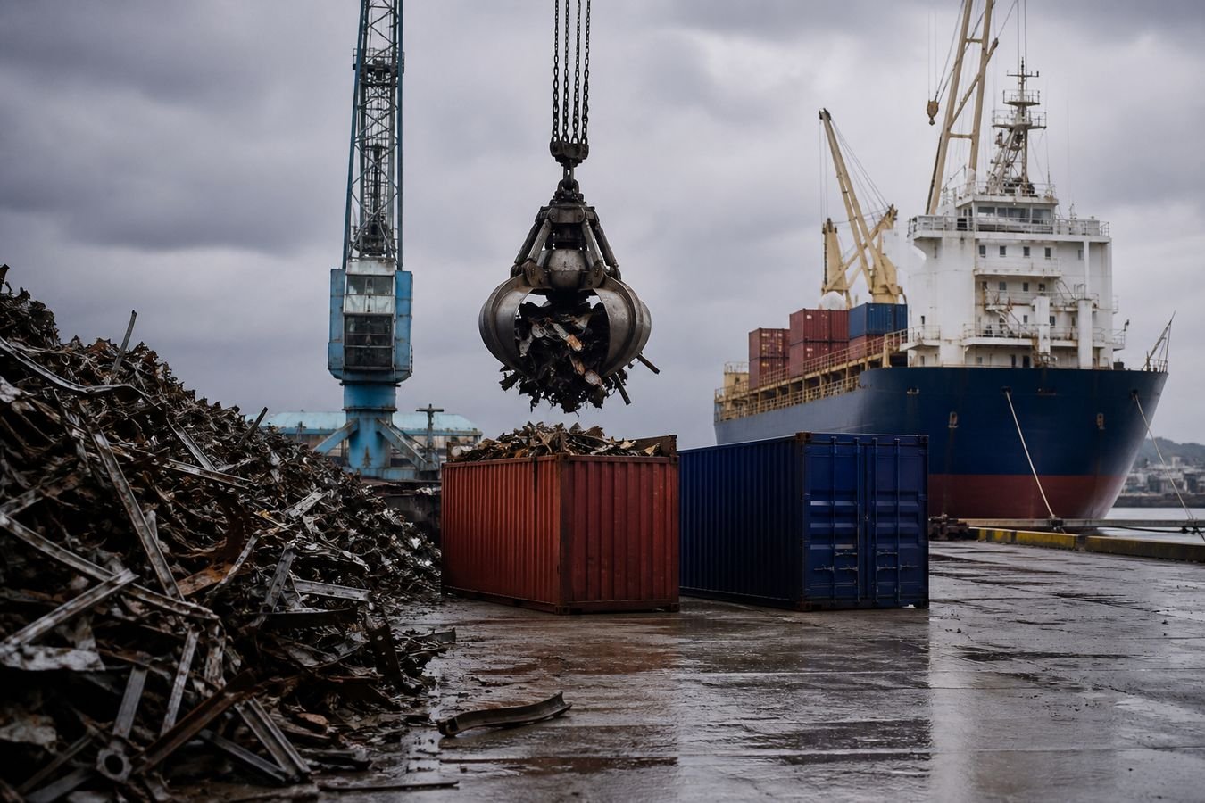 Shipping containers at a UK port prepared for metal scrap export