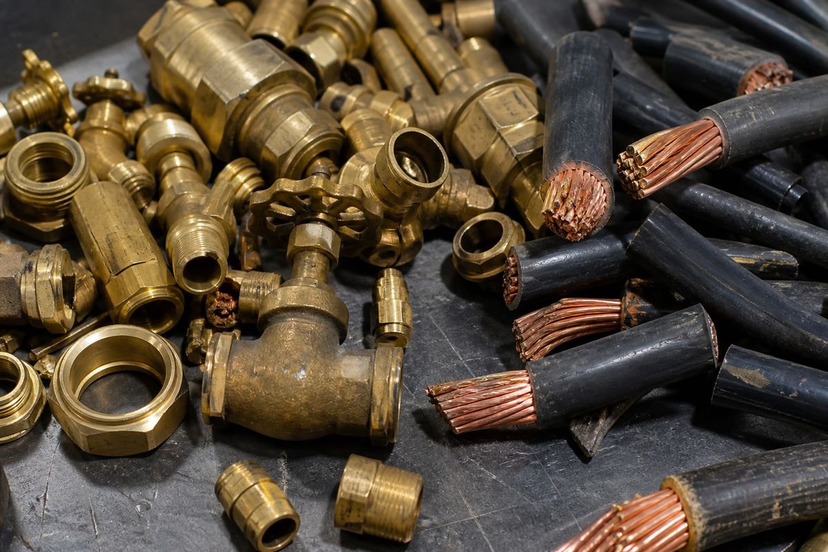 Brass fittings and cut electrical cable on a steel workbench
